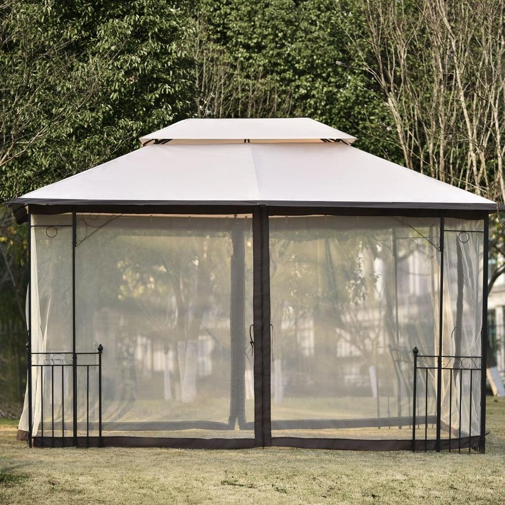 13 ft Khaki Iron Patio Gazebo with Mosquito Netting