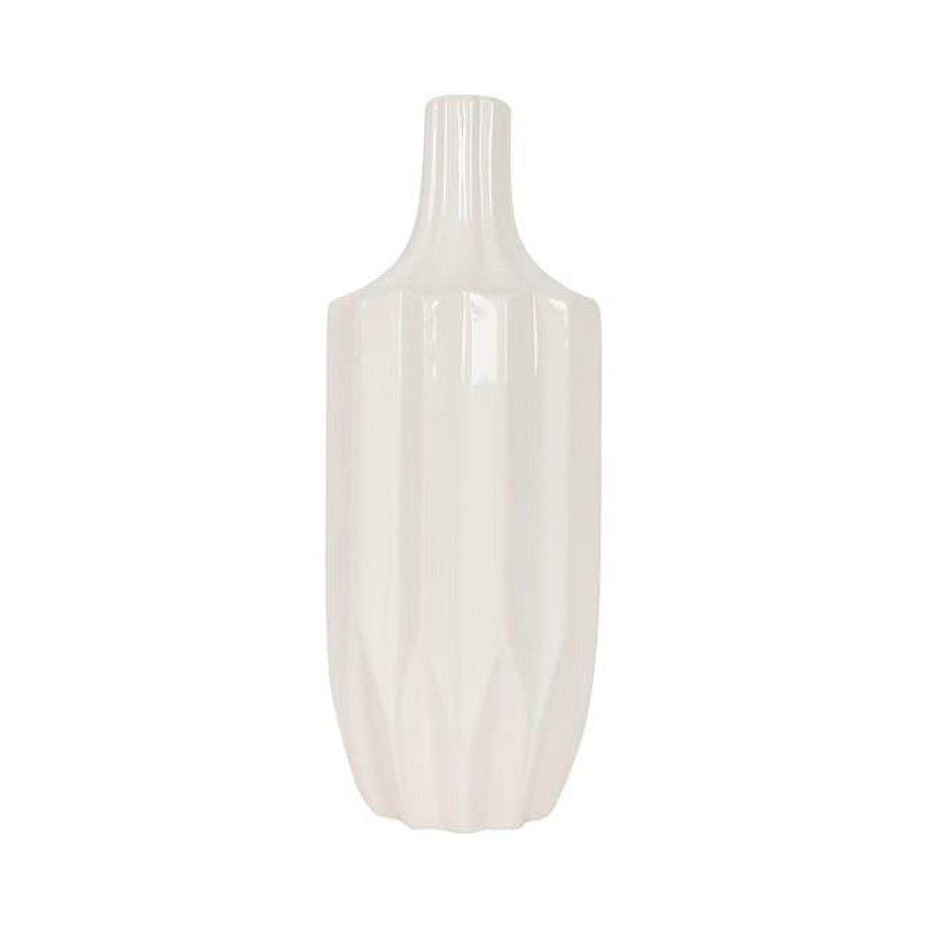 White Ceramic Fluted Cylinder Vase, 13" Tall