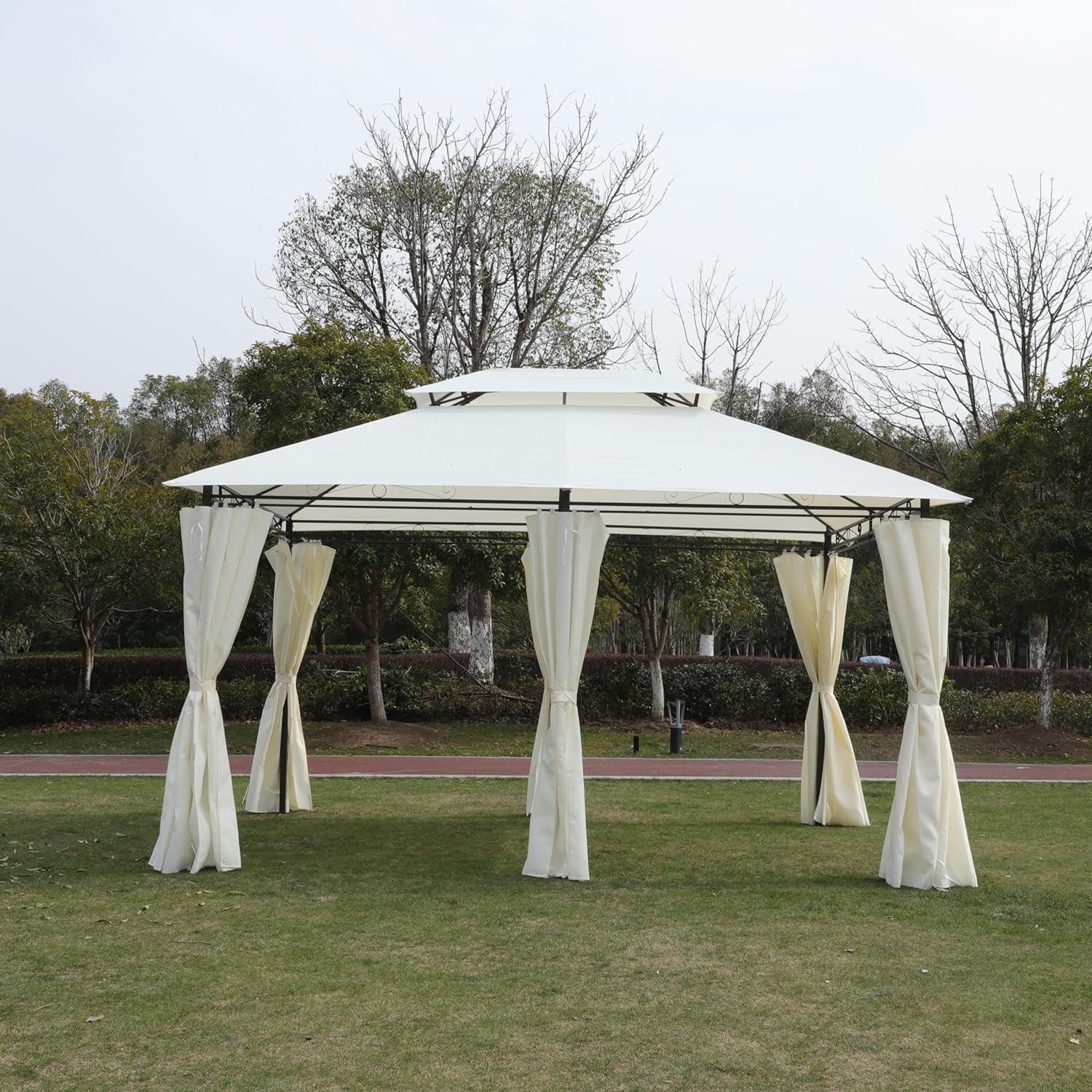 13x10 Beige Metal Patio Gazebo with Double Roof and Curtains