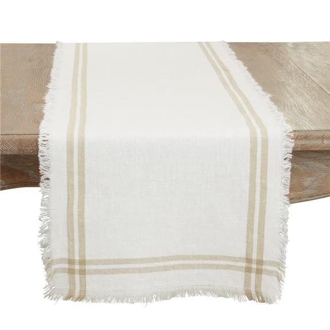 Beige Cotton Striped Fringe Table Runner, 13 x 72 inches