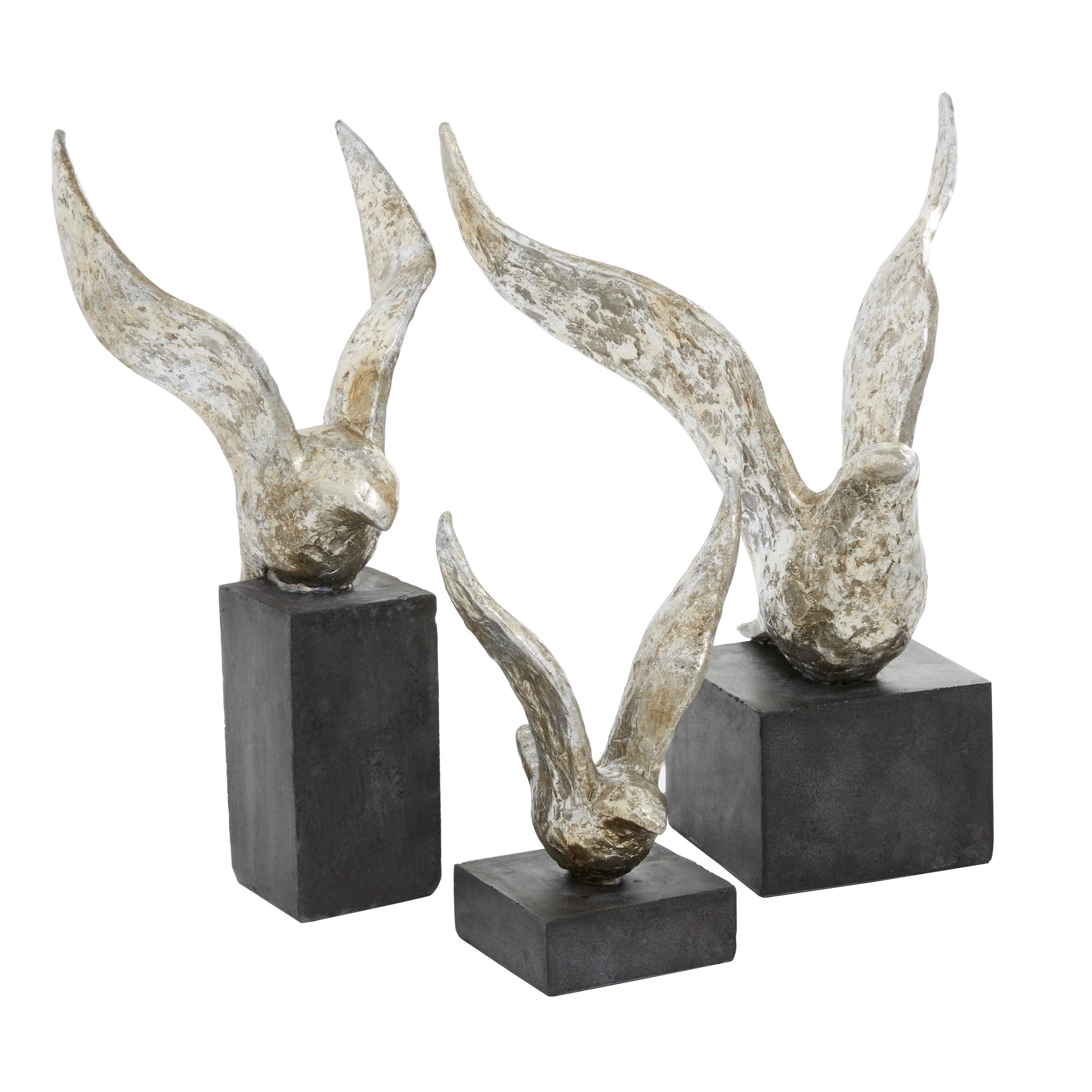 14", 9", 14"H Silver Polystone Bird Sculpture, by DecMode (3 Count)
