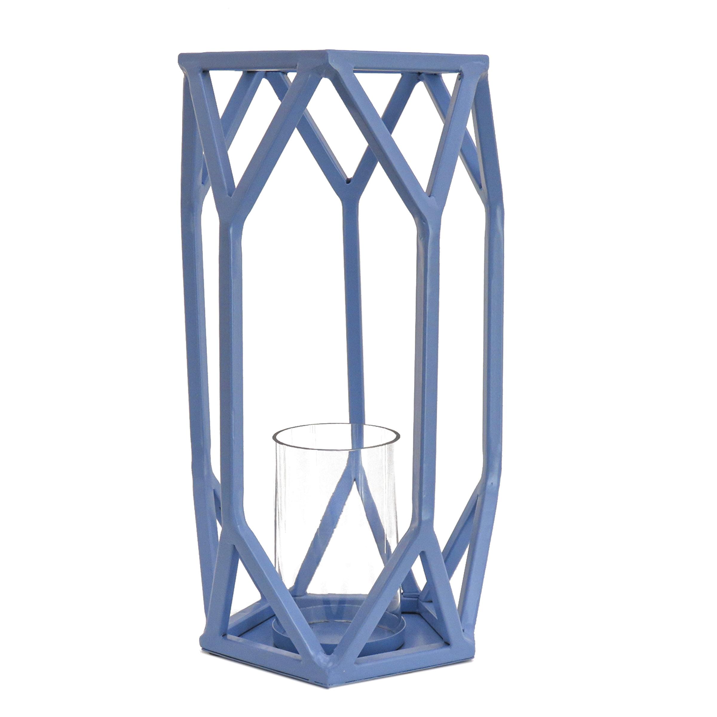 Ice Melt Blue Geometric Steel Hanging Candle Lantern, 14"