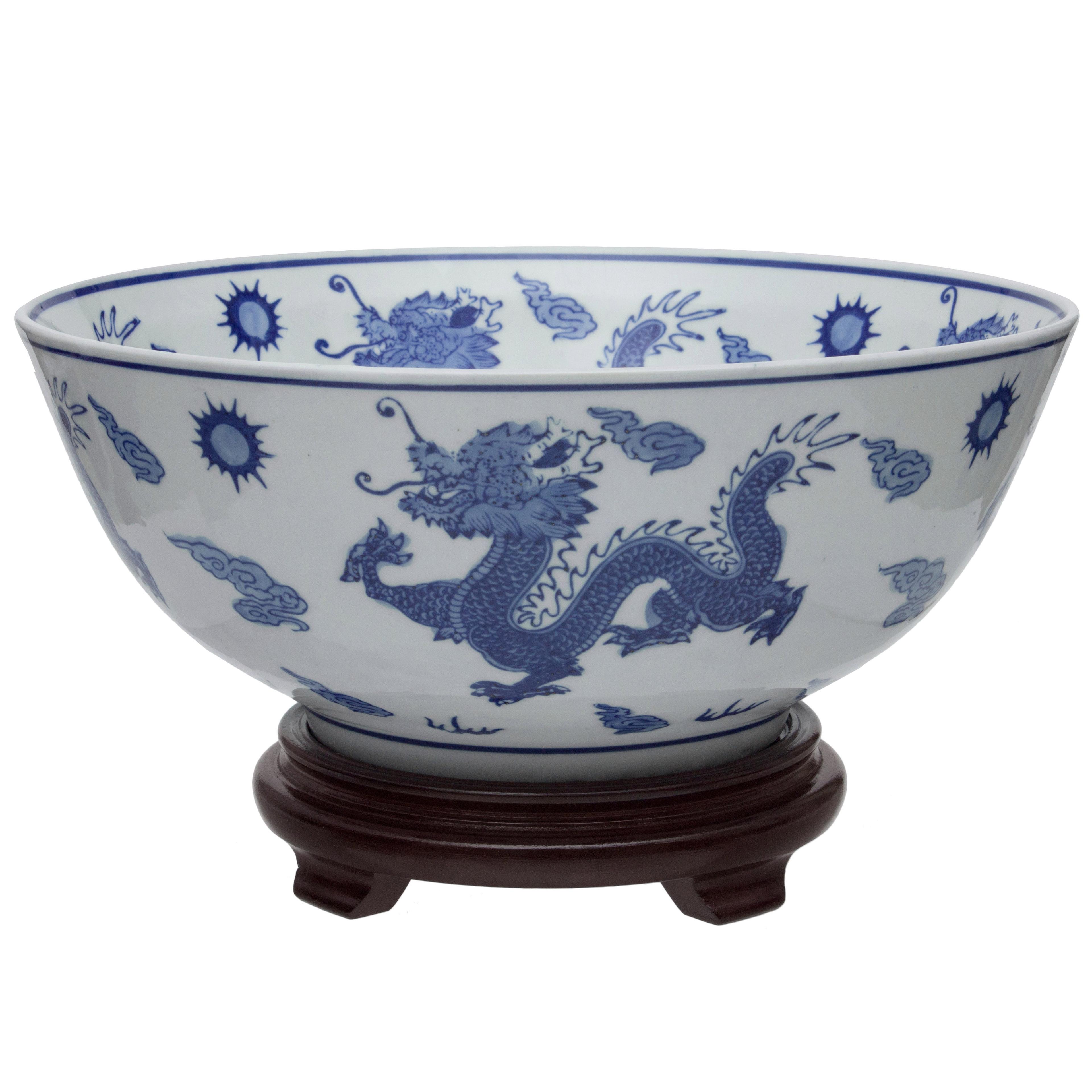 Elegant Dragon Blue & White Porcelain Decorative Bowl 14"