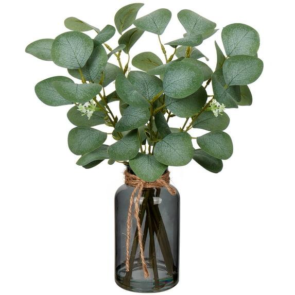 Ophelia & Co. Artificial Eucalyptus Stems In Black Glass Vase With Faux Water, 14" Fake Plant Eucalyptus Leaves For Home Office Farmhouse Wedding Centerpiece Décor