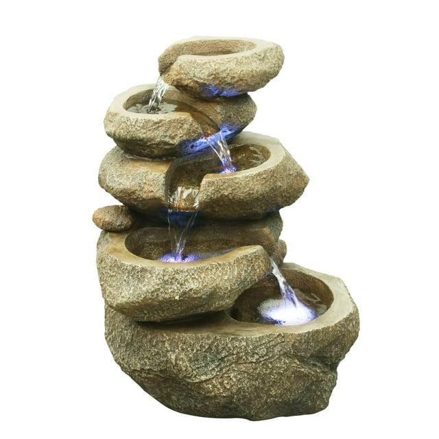 14" Led Lighted Five Level Rock Waterfall Outdoor Garden Fountain