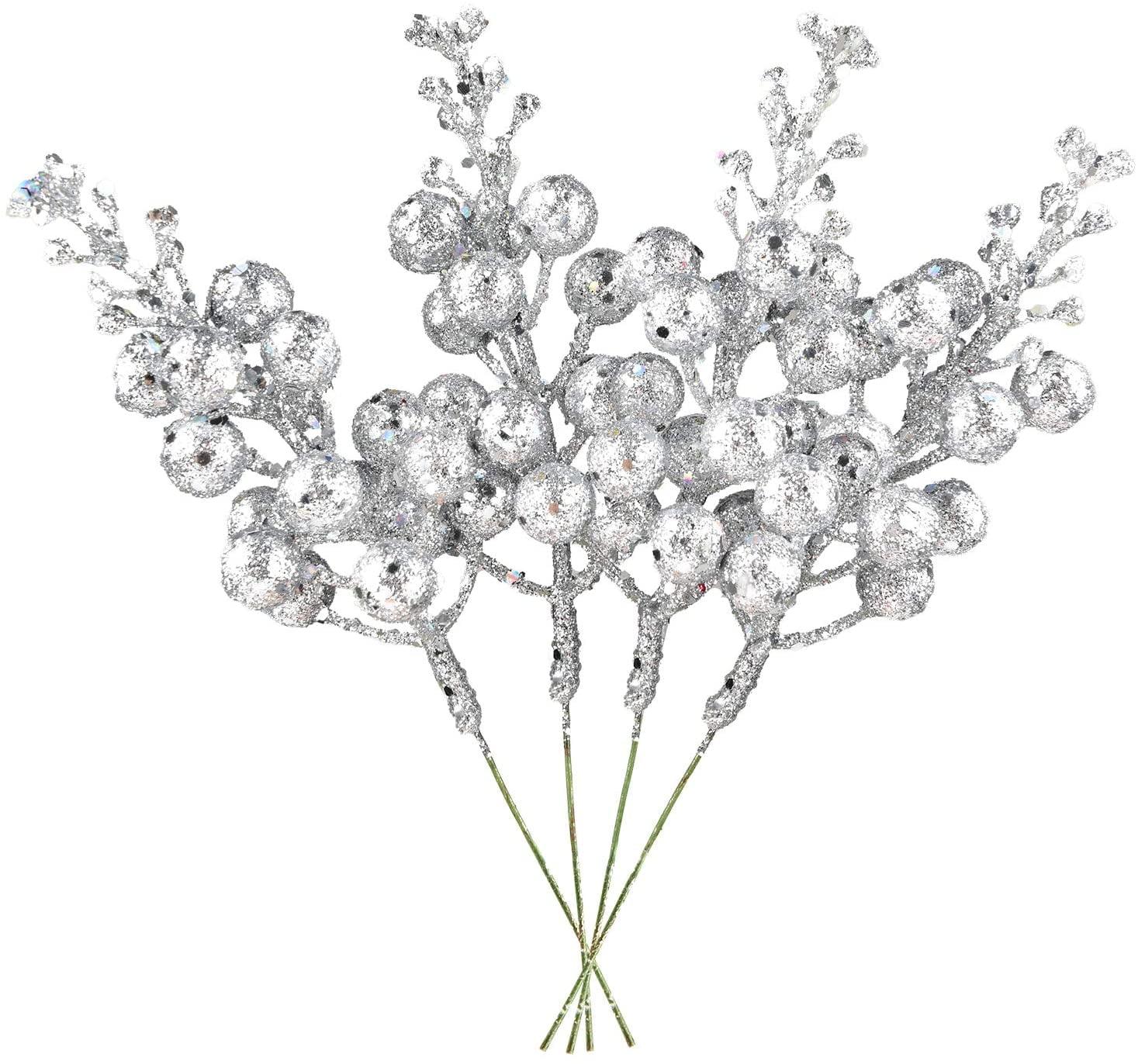 Silver Glitter Berry Stems for Christmas Decor, 14 Pack