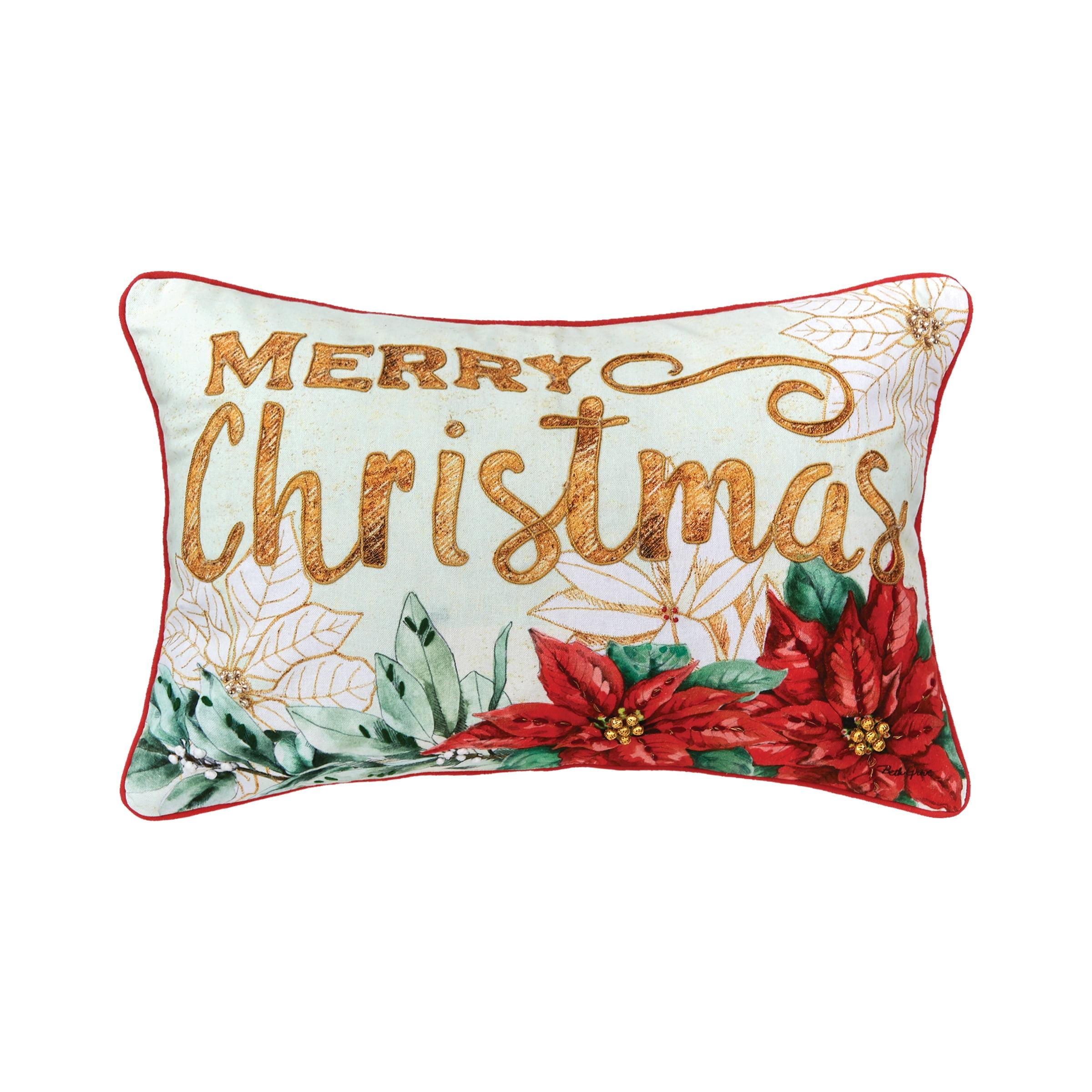 Merry Christmas Embroidered Cotton Throw Pillow with Poinsettia Design