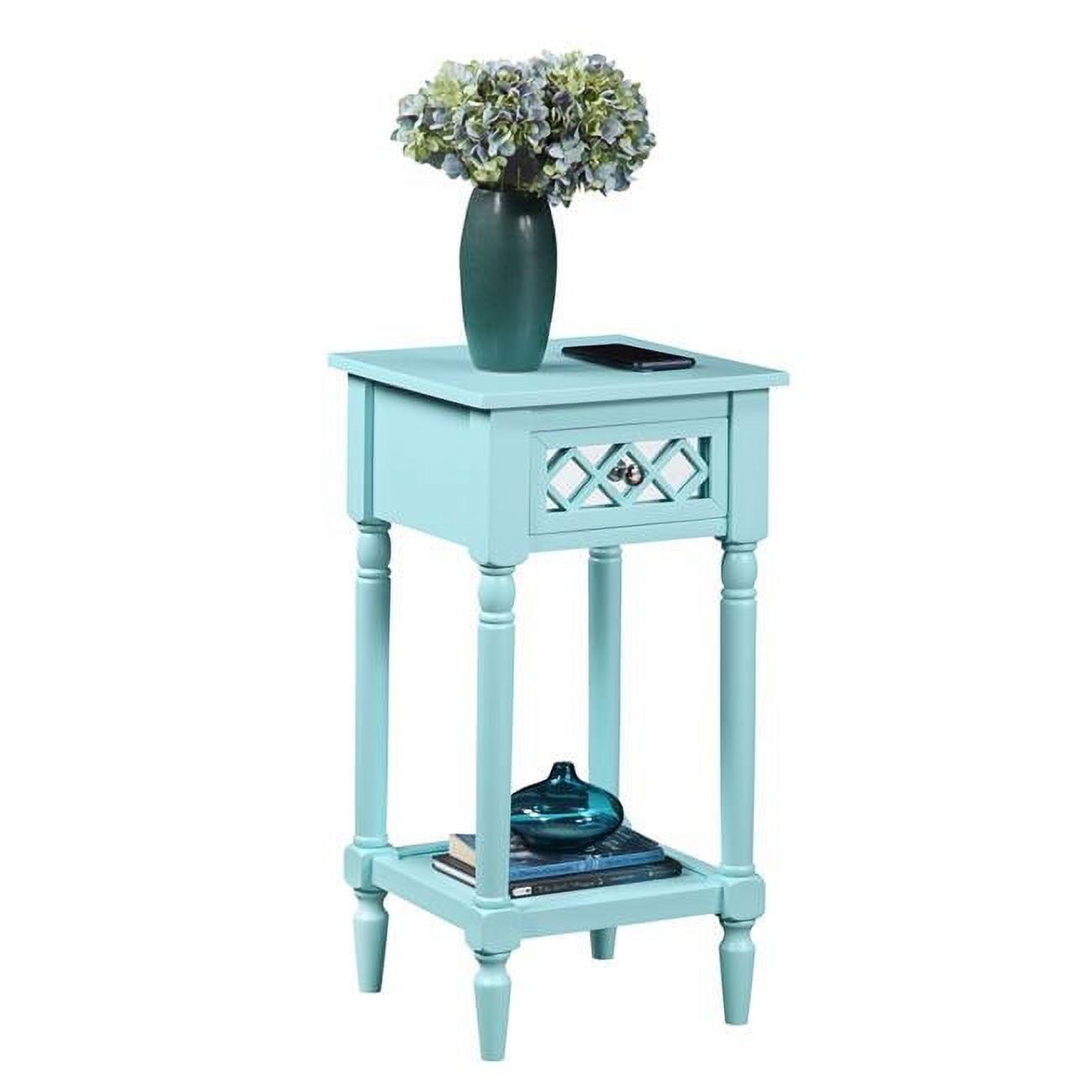 Aqua Blue Pine Wood Deluxe Accent Table with Mirrored Drawer