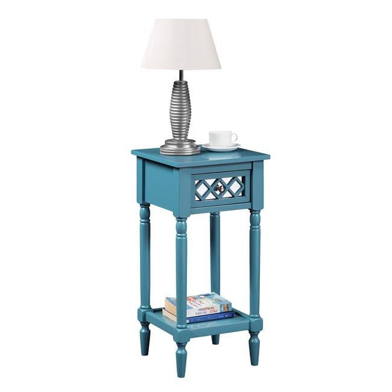 Aqua Blue Pine Wood Deluxe Accent Table with Mirrored Drawer