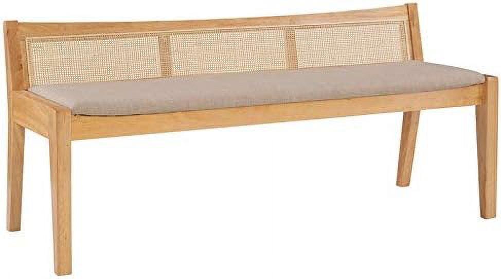 Elegant Natural Wood and Beige Linen Storage Bench with Rattan Back