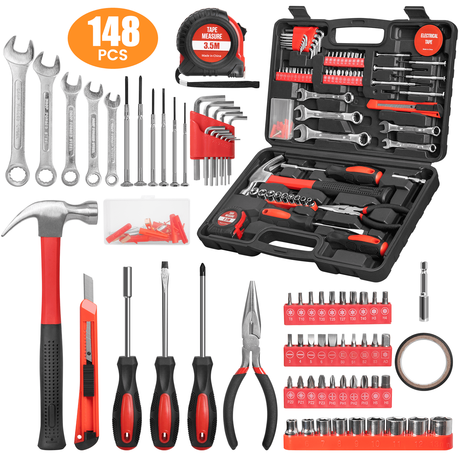 Cshidworld 148-Piece Tool Set General Household Hand Kit with Plastic Toolbox Storage Case, Mechanic Basic Home Tool Kit for Men and Women, All Essential Repair Tools for Home Garage and Office, Red
