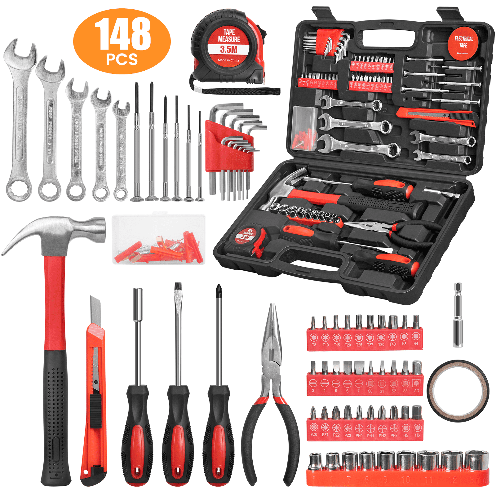 Cshidworld 148-Piece Tool Set General Household Hand Kit with Plastic Toolbox Storage Case, Mechanic Basic Home Tool Kit for Men and Women, All Essential Repair Tools for Home Garage and Office, Red