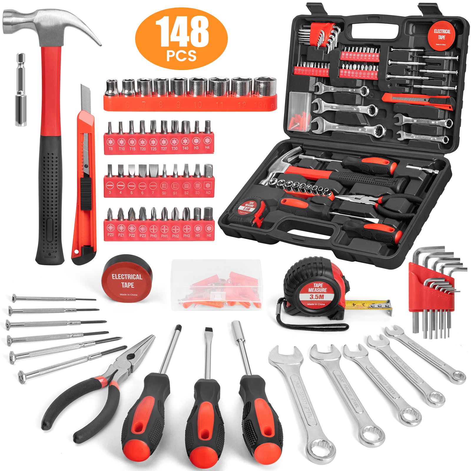 Cshidworld 148-Piece Tool Set General Household Hand Kit with Plastic Toolbox Storage Case, Mechanic Basic Home Tool Kit for Men and Women, All Essential Repair Tools for Home Garage and Office, Red