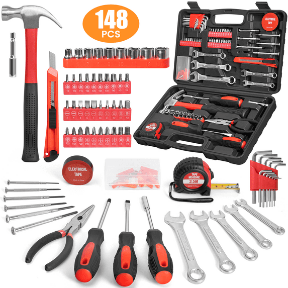 Cshidworld 148-Piece Tool Set General Household Hand Kit with Plastic Toolbox Storage Case, Mechanic Basic Home Tool Kit for Men and Women, All Essential Repair Tools for Home Garage and Office, Red