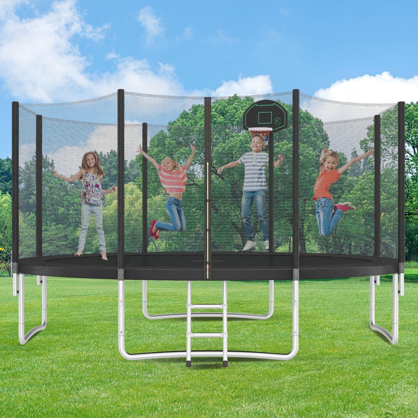 14FT Black Round Trampoline with Safety Enclosure and Basketball Hoop