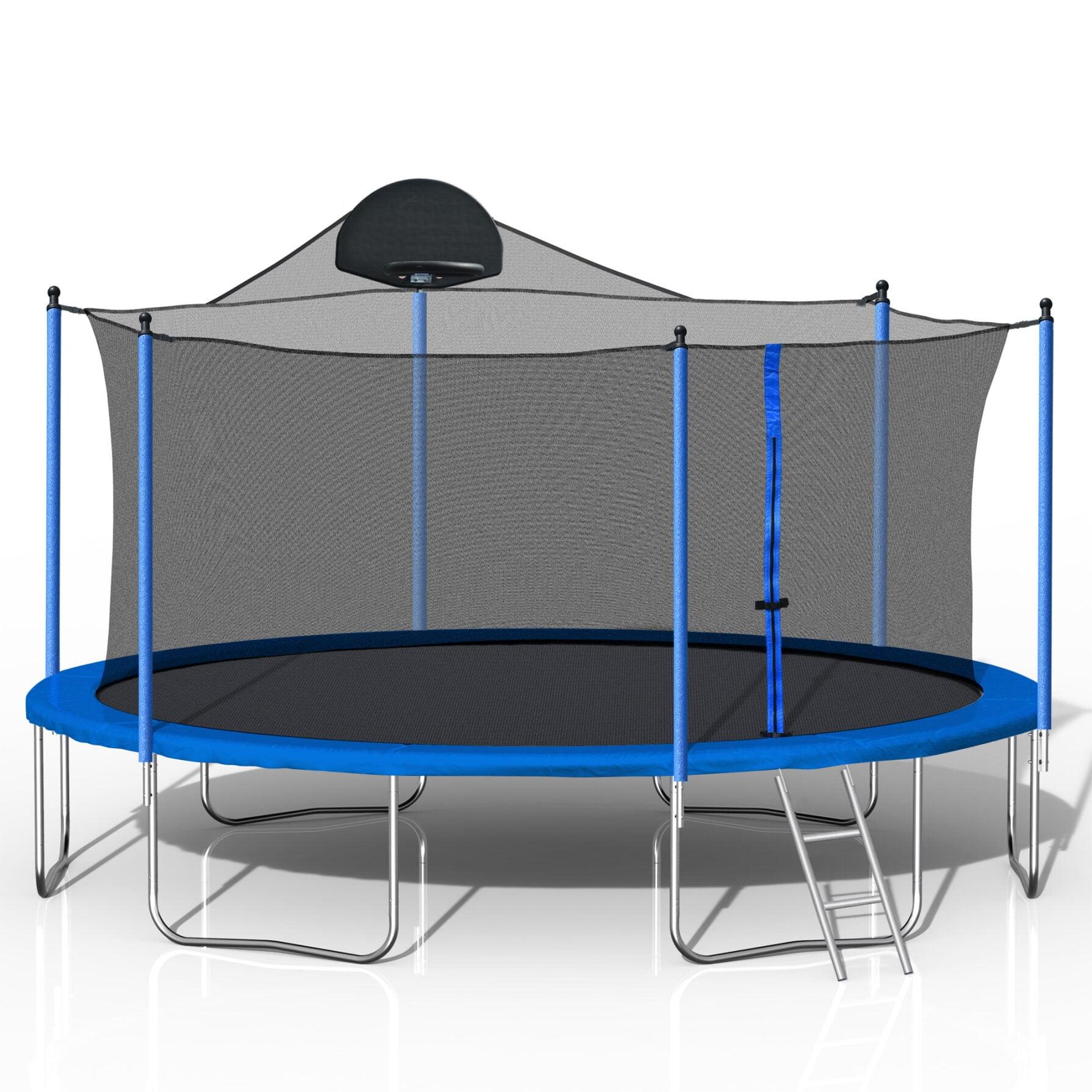 14ft Blue Round Trampoline with Safety Enclosure and Basketball Hoop