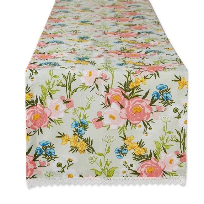 Spring Bouquet Floral Cotton Table Runner with Lace Trim, 14x108