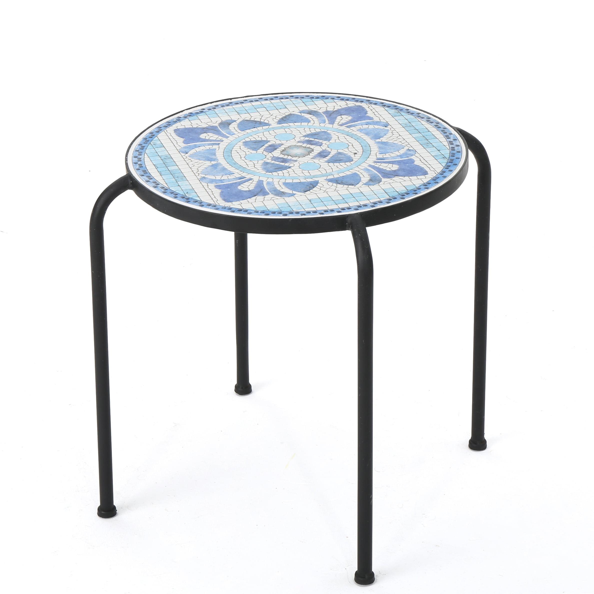 Sindarin Blue and White Ceramic Tile Round Side Table