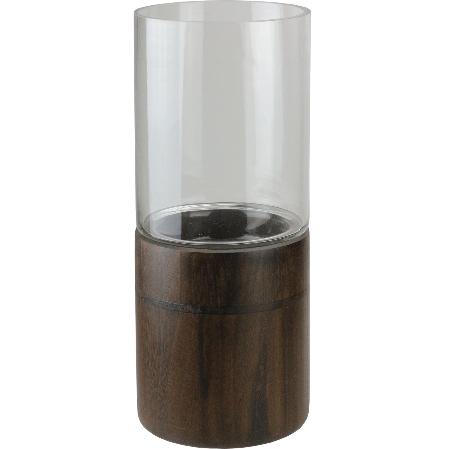 Clear Glass Hurricane Candle Holder with Dark Wood Base