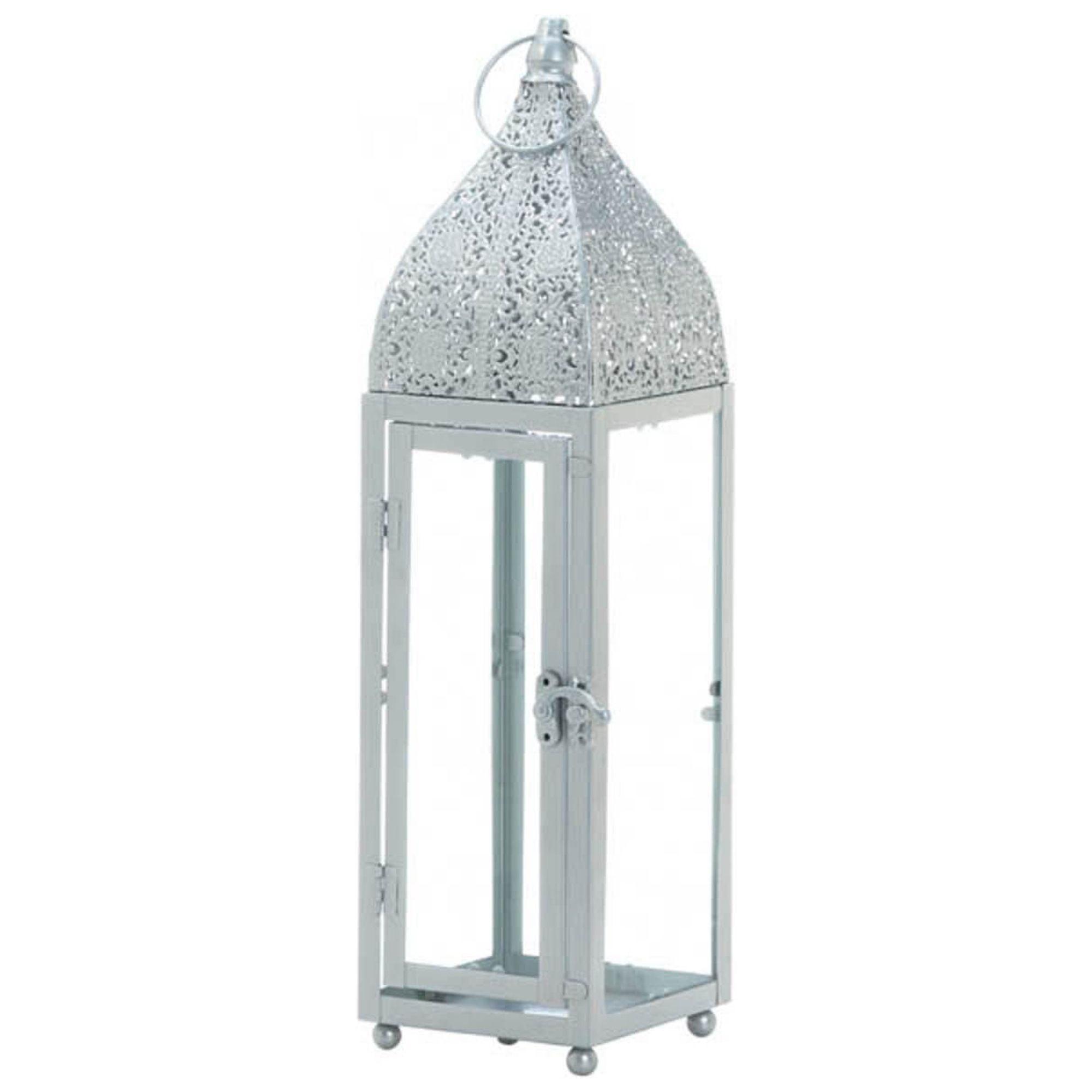 Elegant Silver Moroccan-Style 16" Tabletop & Hanging Candle Lantern
