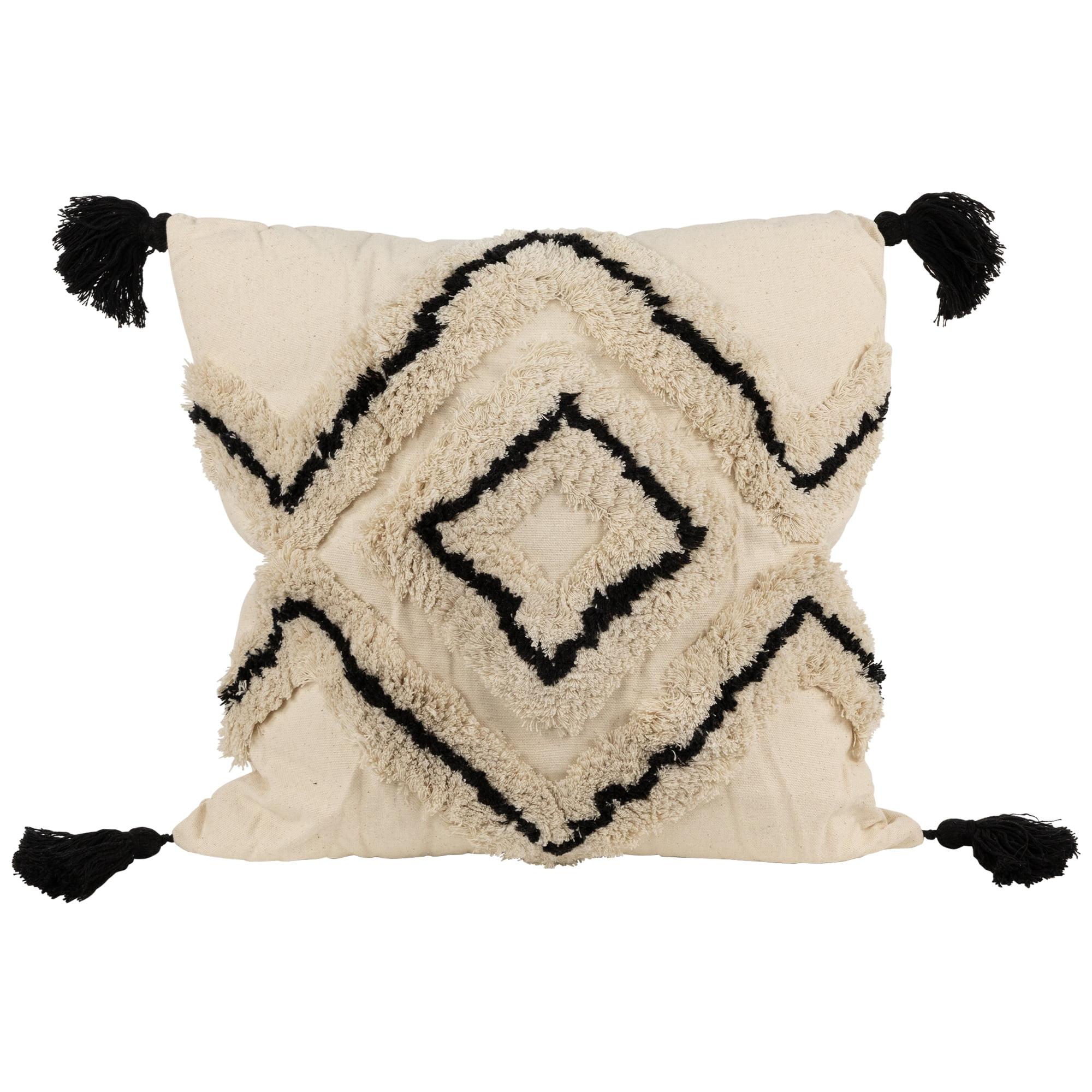 Beige and Black Boho Cotton Square Throw Pillow with Tassels