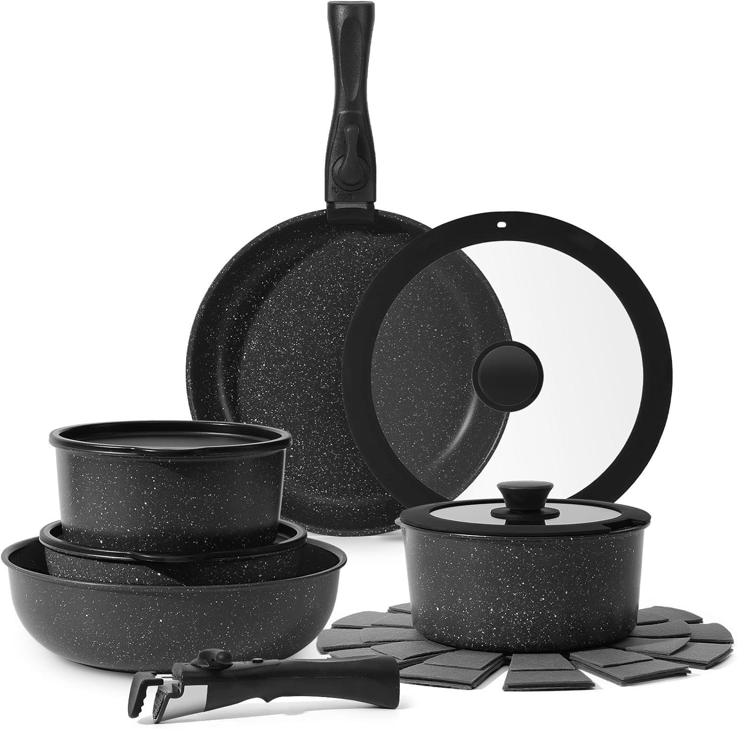 Soday 15 Pcs Removable Handle Cookware,Cooking Nonstick Cookware Set,PFAS & PFOA Free,Black