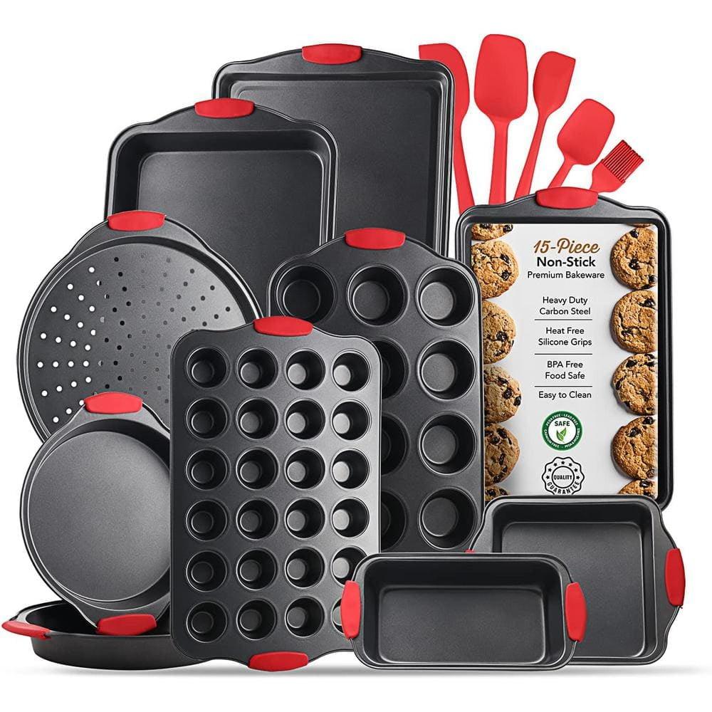 15-Piece Black Carbon Steel Nonstick Bakeware Set with Red Silicone Handles