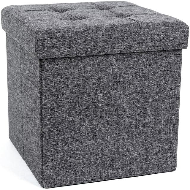 SONGMICS 15 Inches Folding Storage Ottoman Bench, Storage Chest, Foot Rest Stool, Bedroom Bench with Storage, Dark Gray