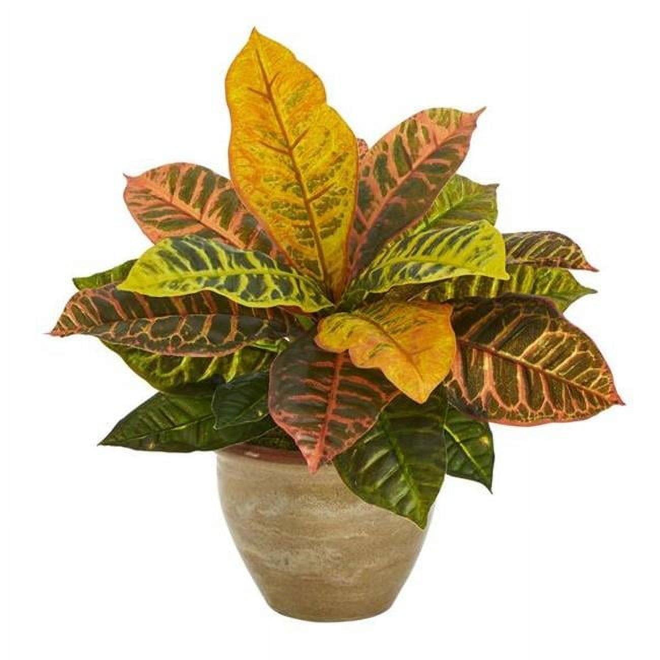 Nearly Natural 15-in Garden Croton Artificial Plant in Ceramic Planter (Real Touch)