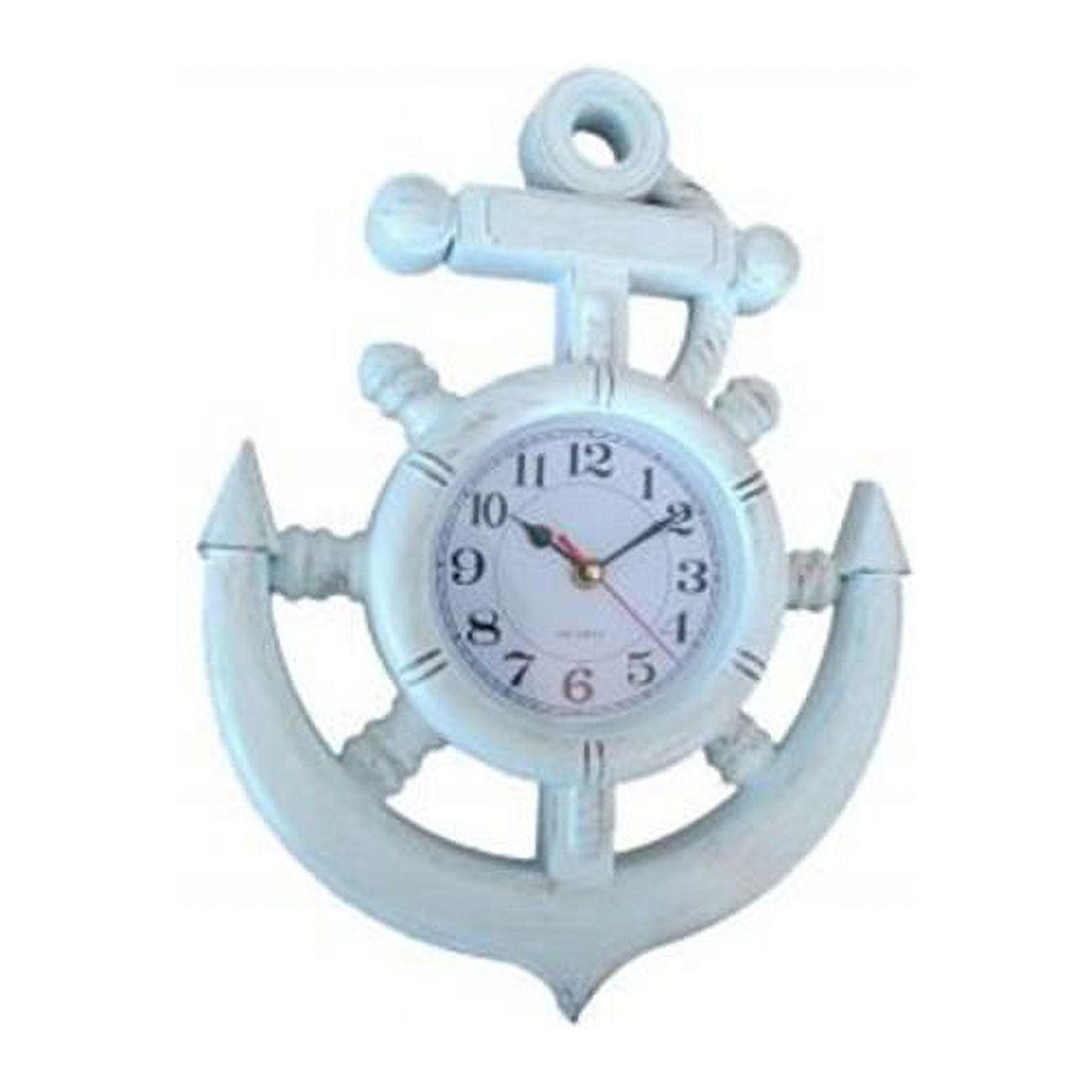 Handcrafted Model Ships Y-67039-3 15 in. Whitewashed Ship Wheel & Anchor Wall Clock