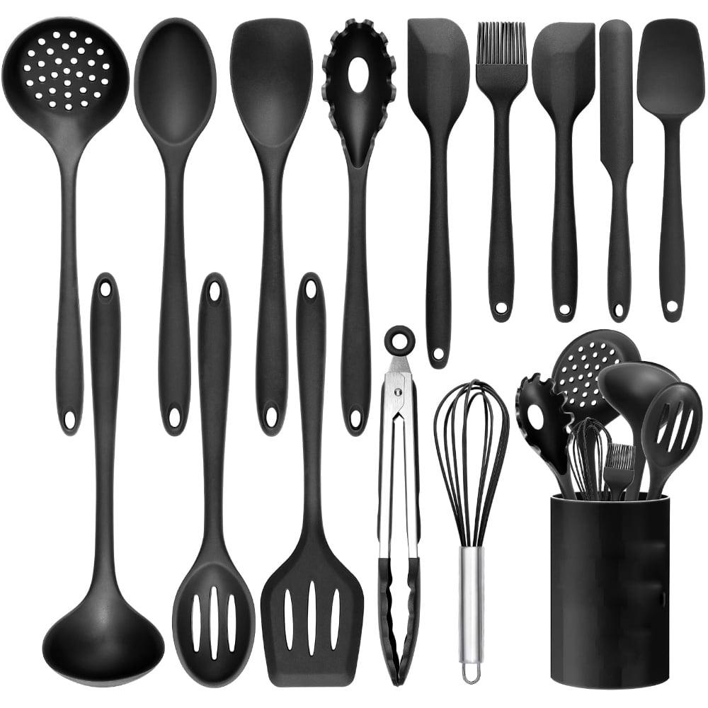 15-Piece Black Silicone Cooking Utensil Set with Holder