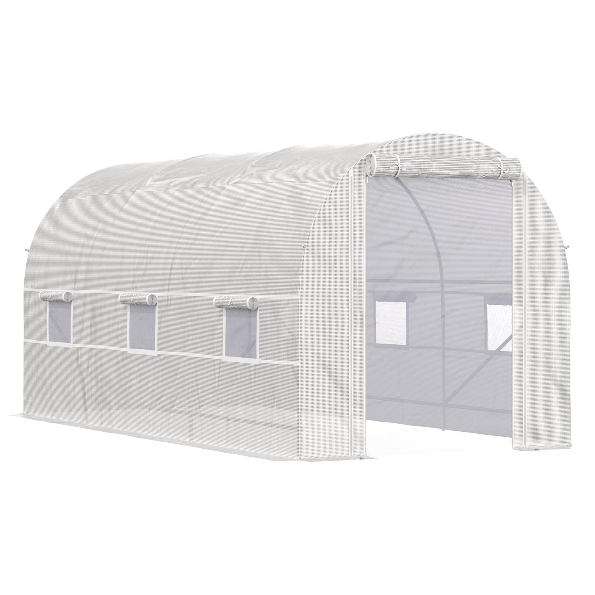 15' x 7' x 7' Walk-In Tunnel Greenhouse, Large Garden Hot House Kit with 6 Roll-up Windows & Roll Up Door, Steel Frame, White