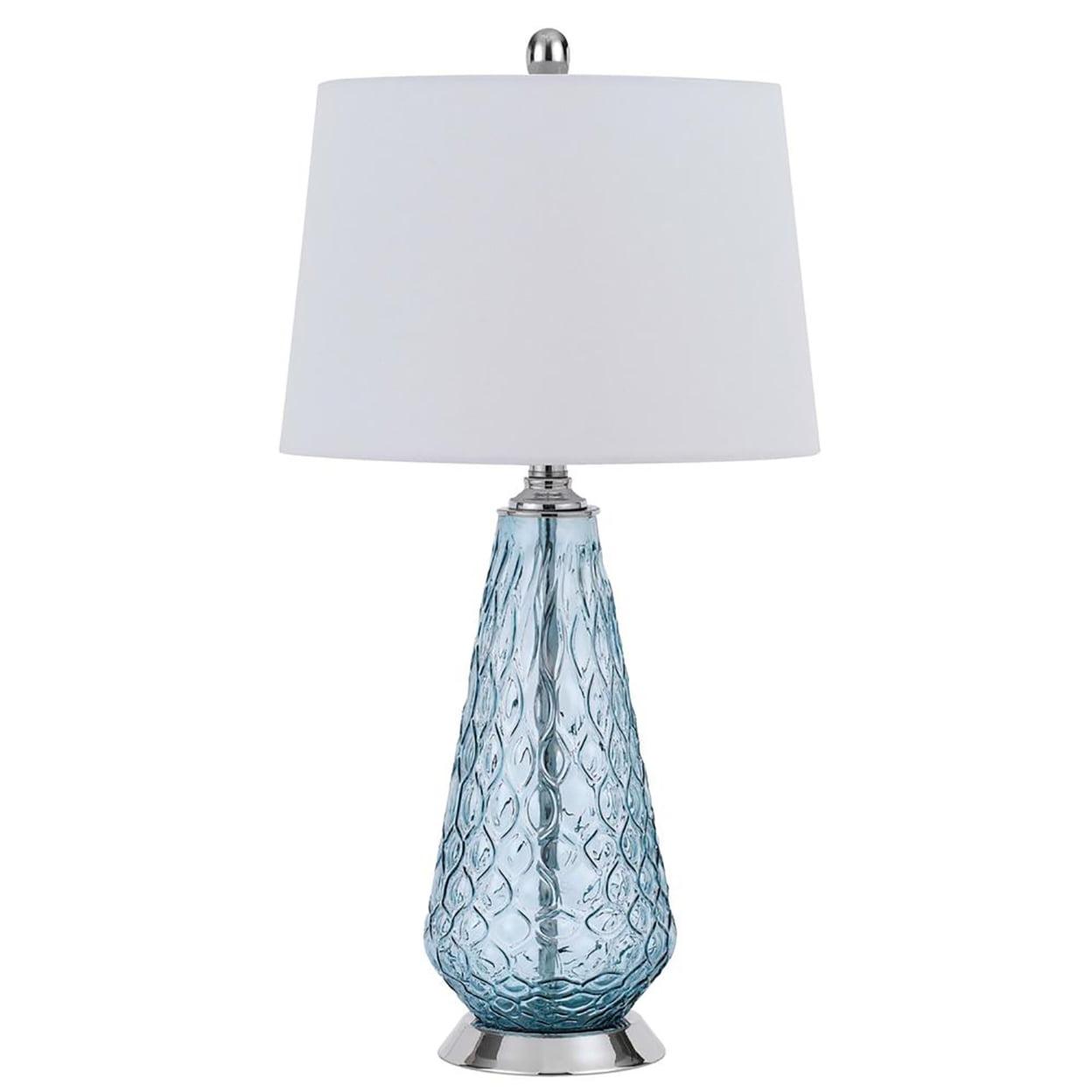 Aqua Blue Hand Blown Glass Table Lamp with White Linen Shade