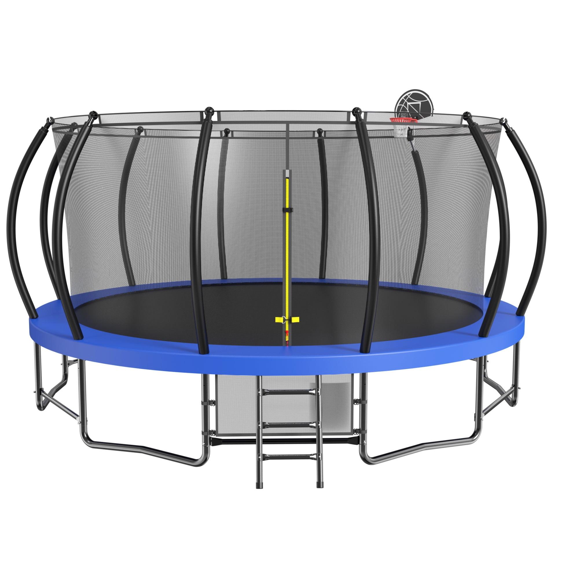 15ft Outdoor Trampoline with Basketball Hoop, Pumpkin Shaped Recreational Trampoline with Safety Enclosure Net, Ladder, Shoe Bag and Galvanized Anti-Rust Coating, Blue