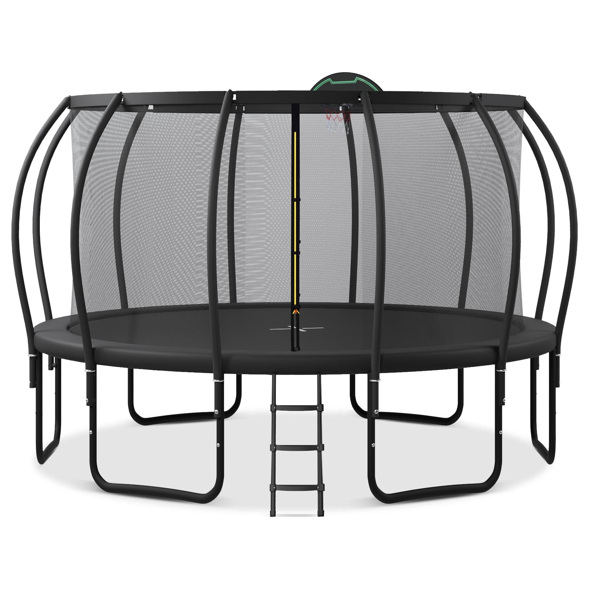 Trampoline Outdoor, 15 FT Trampoline with Enclosure Net and Ladder, Built-in 5 W-Shaped Legs and Basketball Board, Recreational Trampolines Family Jumping Workout, Outdoor Trampoline for Kids, Adults