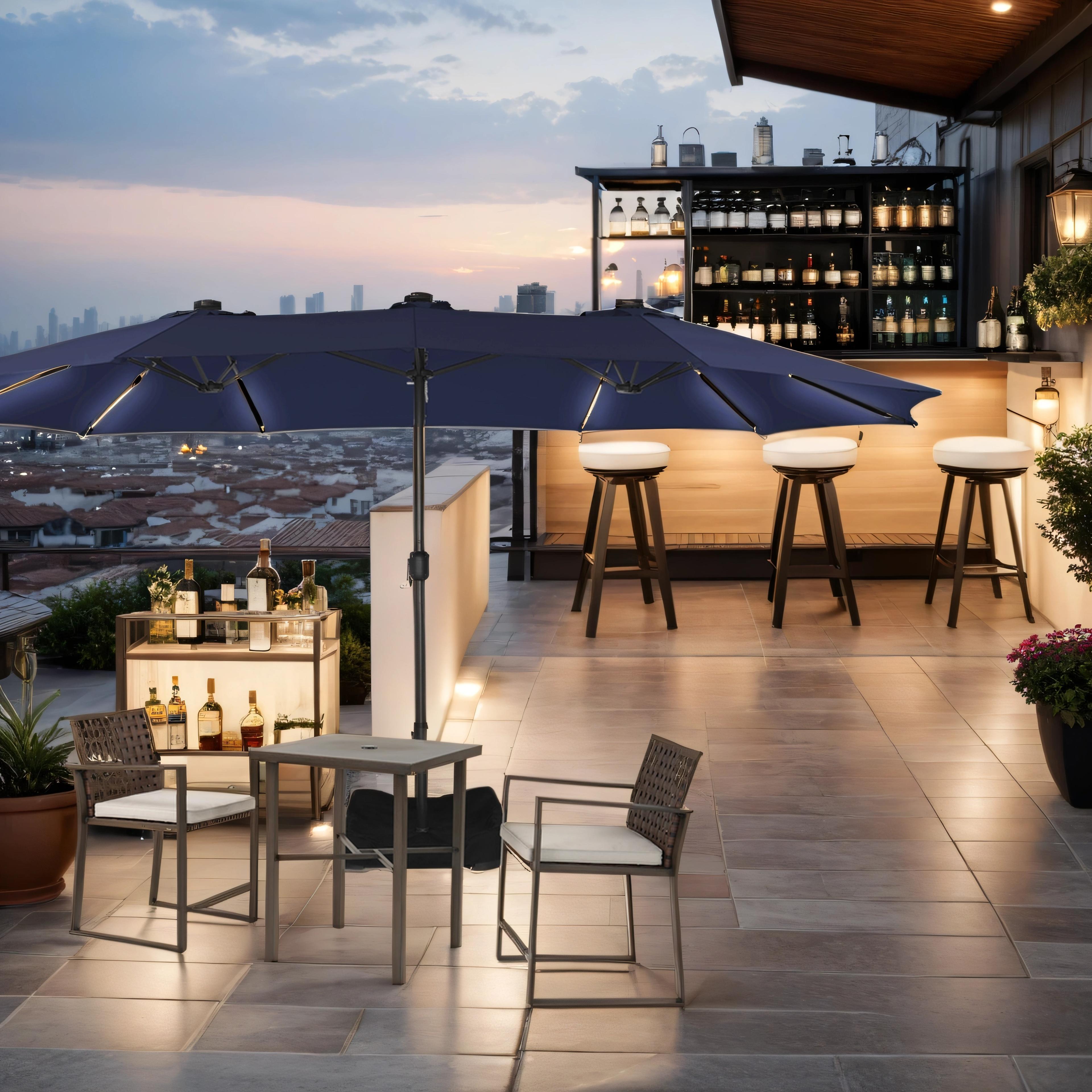 15ft Double-Sided Solar Patio Umbrella with Base (Included) Large Outdoor Umbrella with Solar Lights