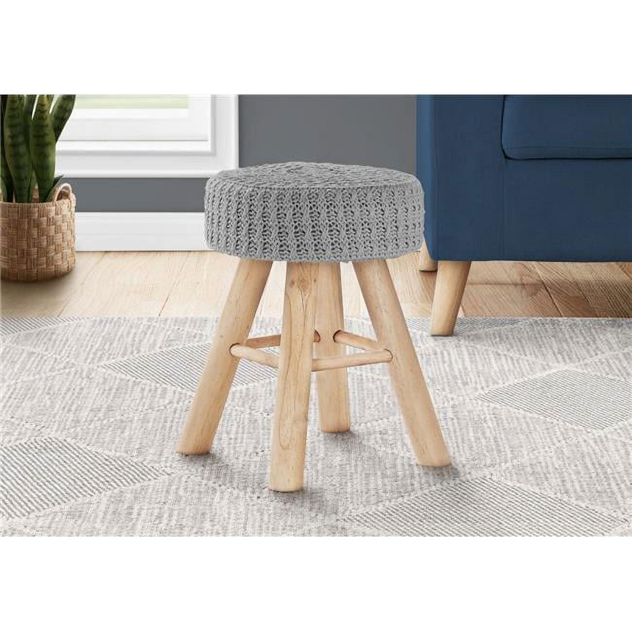 Modern Gray Knit Pouf with Natural Wood Legs, 16" Round