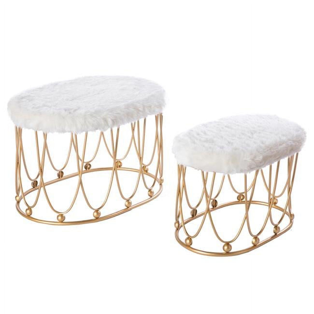 Chic Gold Oval Metal Accent Table Stools with Plush White Fur Top - Set of 2