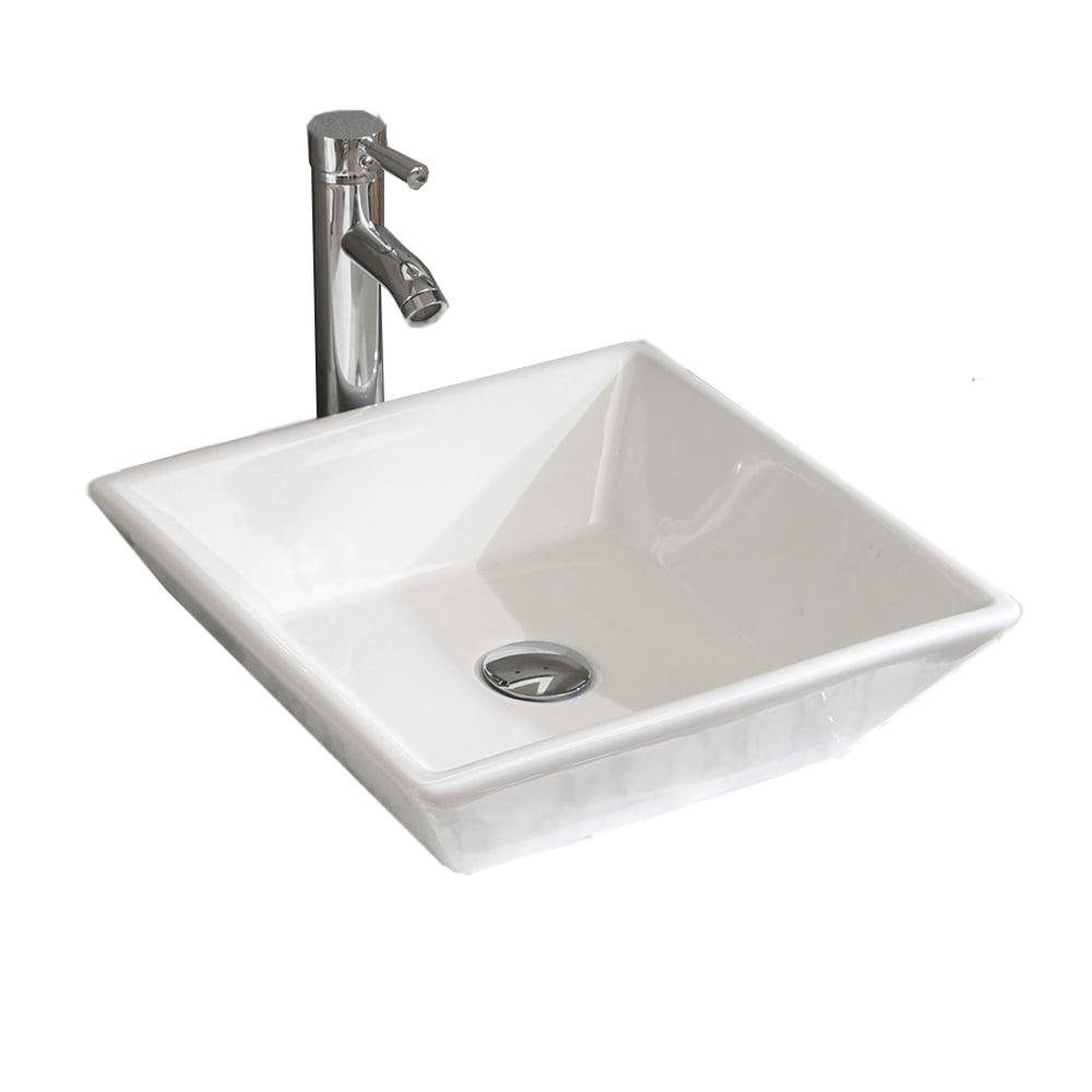 16.5" White Ceramic Square Bathroom Vessel Sink with Faucet