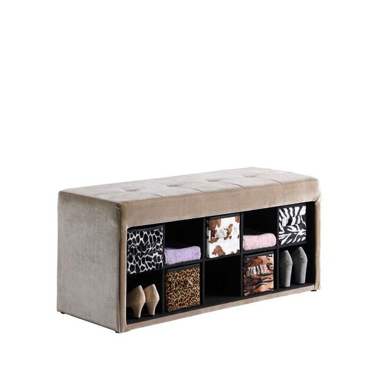 Beige Velour Entryway Bench with Exotic Animal Print Storage Baskets