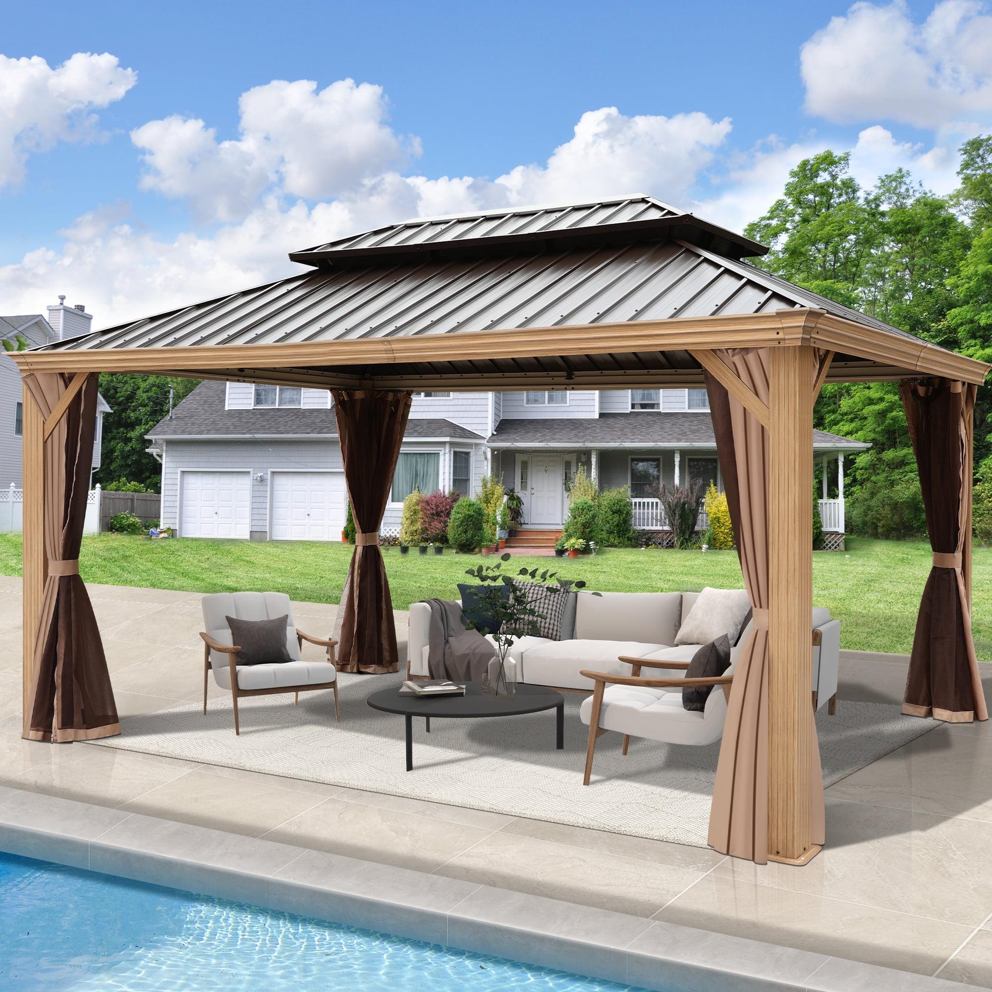 16 Ft. W X 12 Ft. D Outdoor Aluminum Drainage Hardtop Gazebo with Curtains and Netting