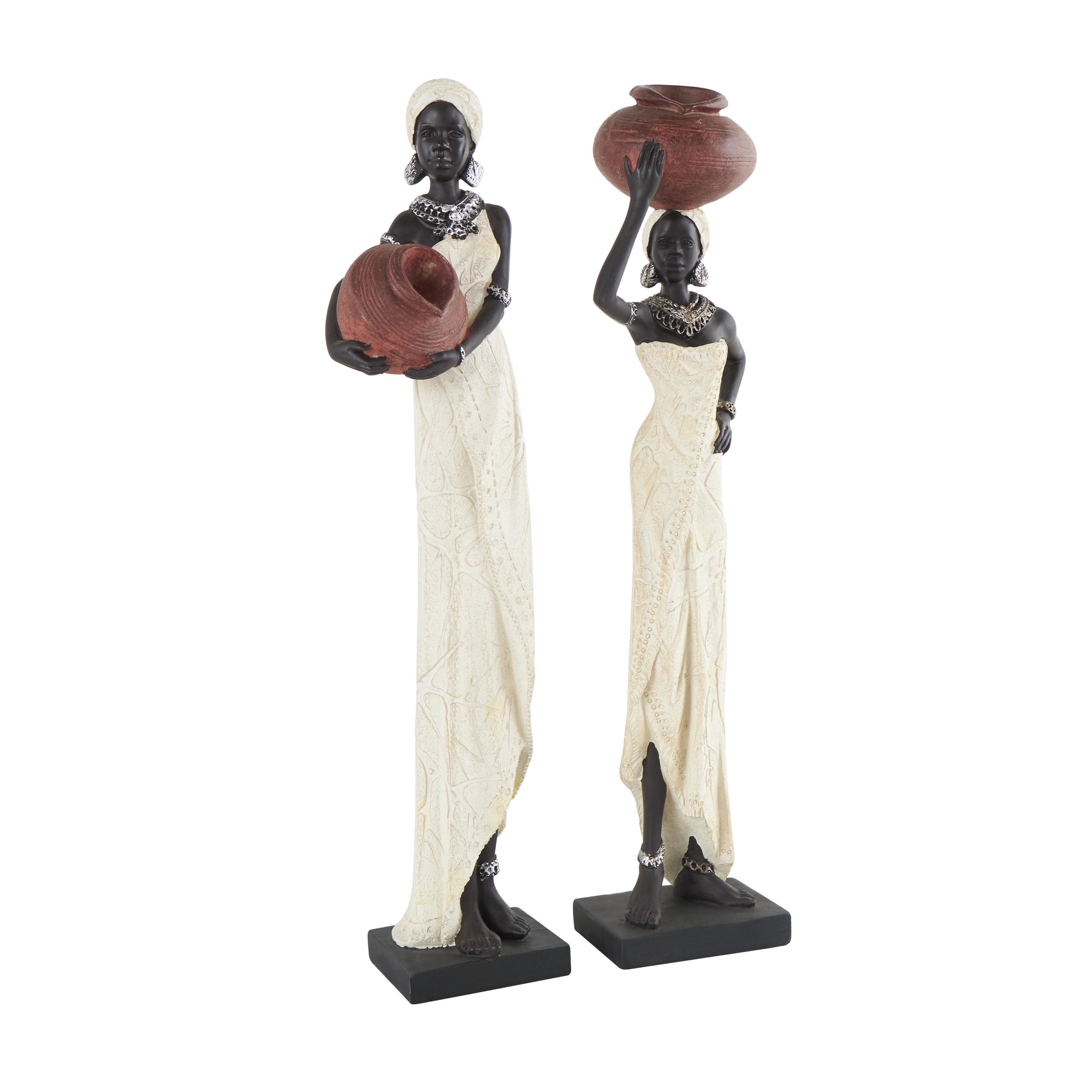 16" Cream Resin African Woman Figurines with Red Water Pots, Set of 2