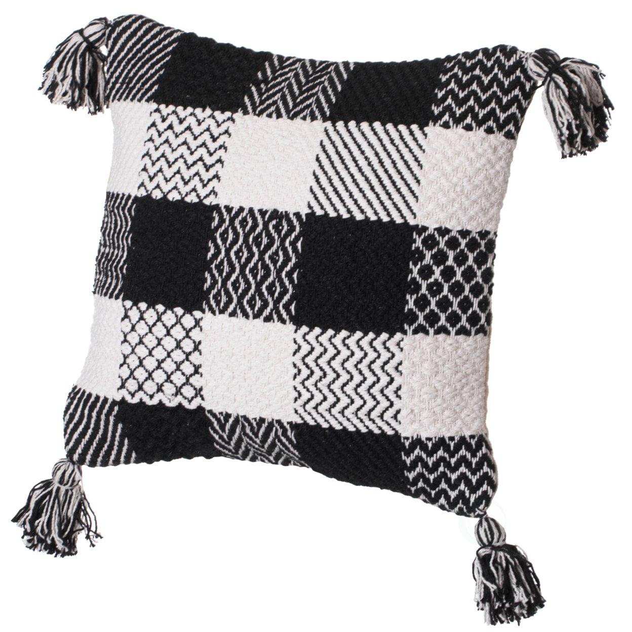 16" Handwoven Cotton Throw Pillow Cover Chevron & Gingham Design Black & White