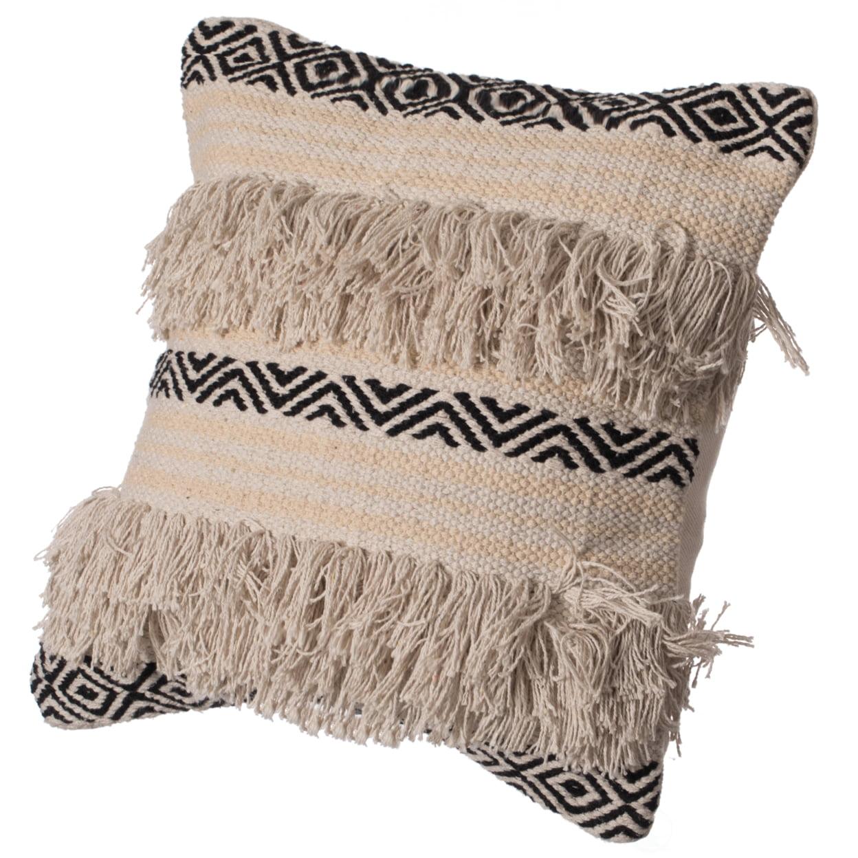Bohemian Chic 16" Handwoven Cotton Pillow Cover with Fringe Detail