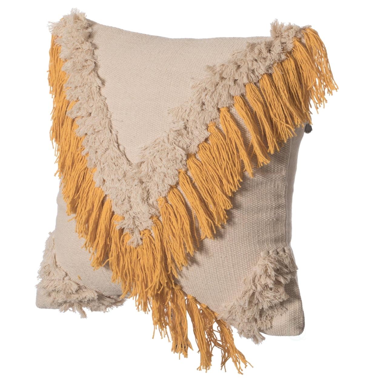 16" Beige and Yellow Handwoven Cotton Throw Pillow Cover with Fringed Design