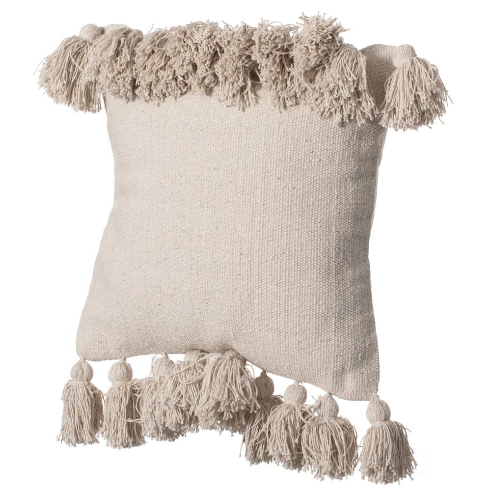 17'' Handwoven Cotton Euro Pillow Cover with Fringed Tassels, Natural