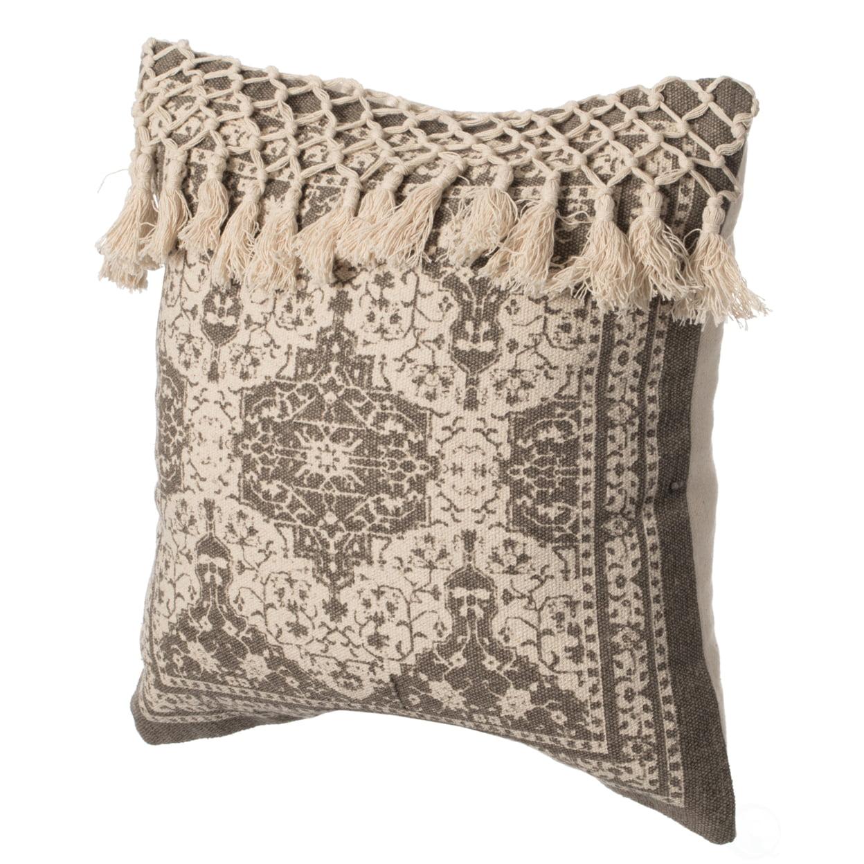Handwoven Beige Cotton 16" Throw Pillow Cover with Tasseled Detail