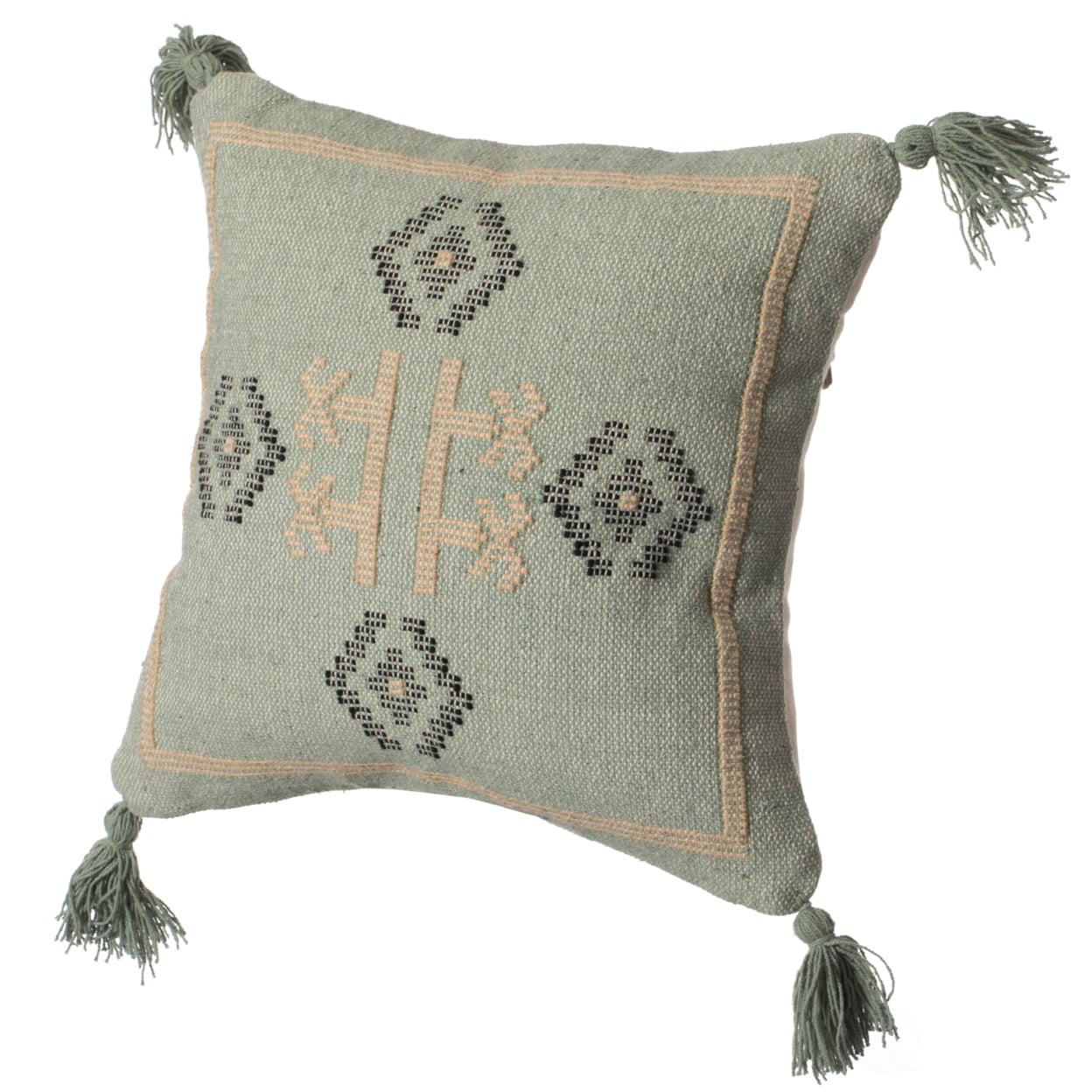 16" Green Handwoven Cotton Euro Throw Pillow with Tassel Corners