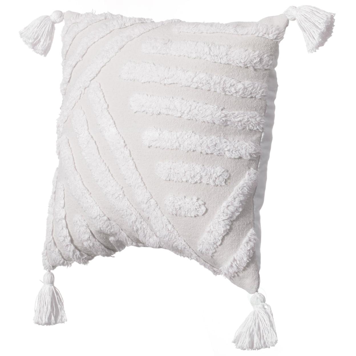 Bohemian 16" White Tufted Cotton Throw Pillow with Tassel Accents