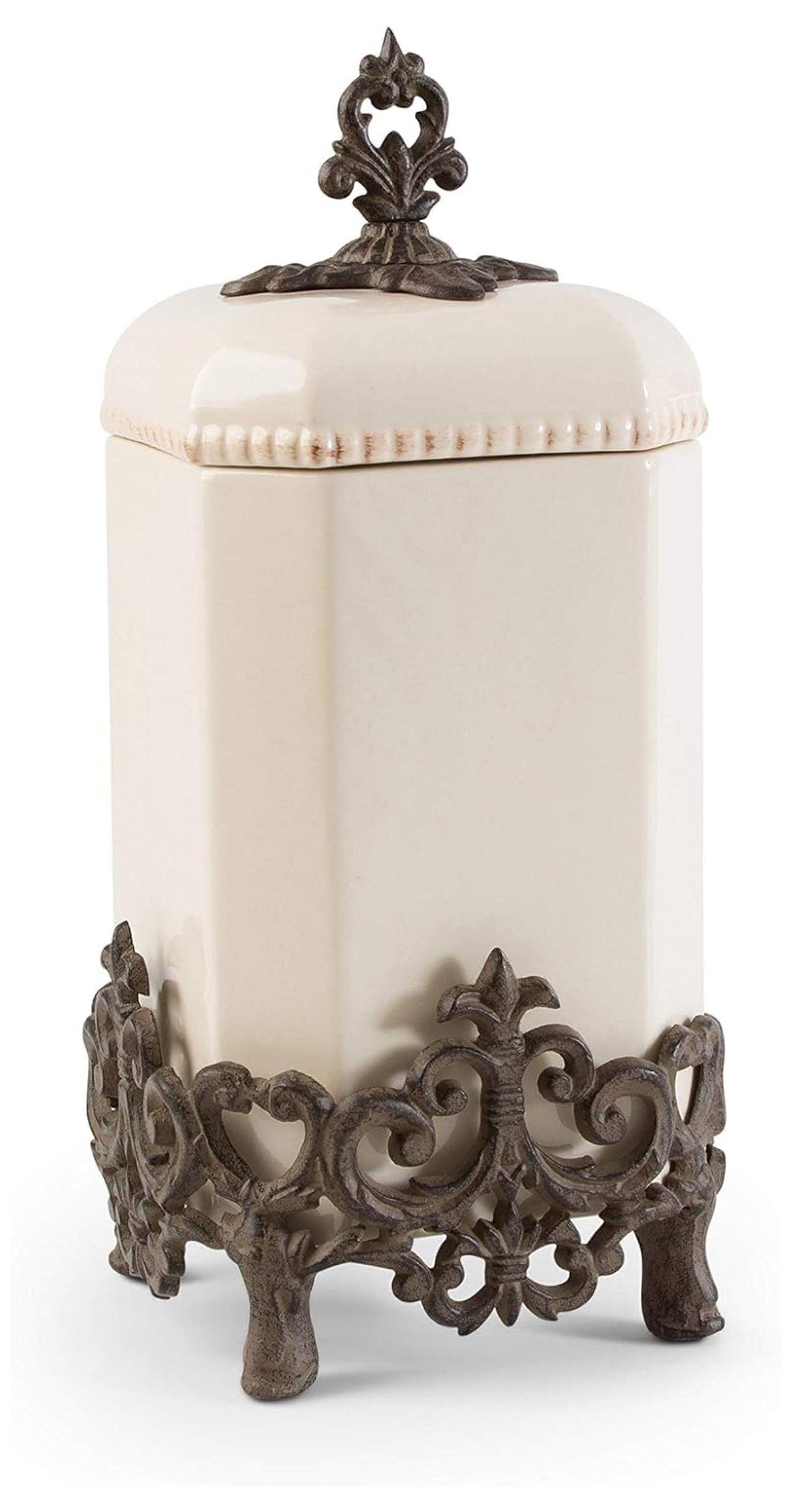 Provencial Cream 16" Ceramic Canister with Brown Metal Base
